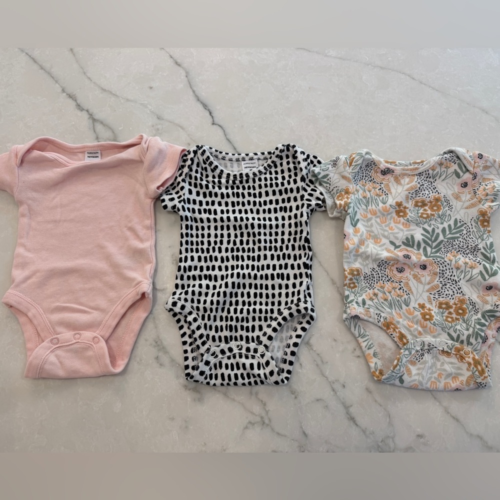 3-Pack Baby Girls One-Piece Bodysuits - Pink, Black & White Dot, Floral